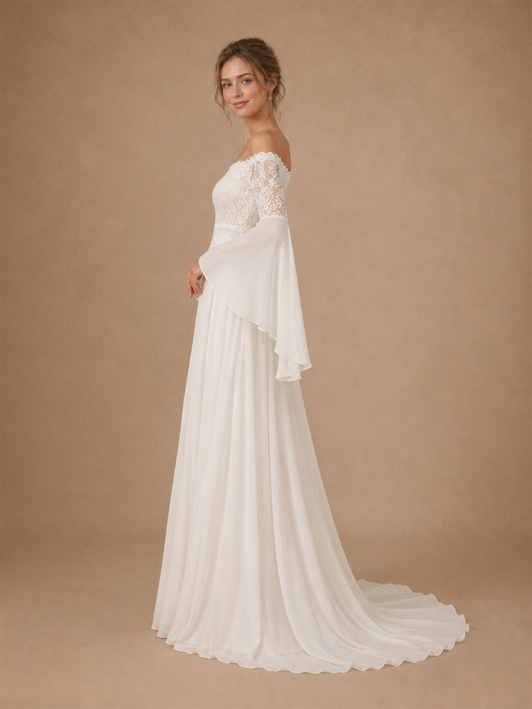 ChicSew Elegant Strapless Lace Chiffon 3/4 Sleeves A-Line Floor-Length Wedding Dresses