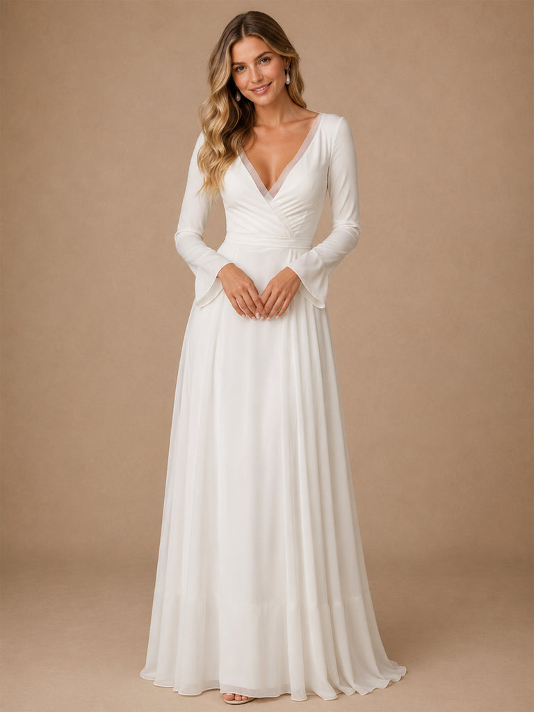 ChicSew Elegant V-Neck Long Sleeves A-Line Chiffon Floor-Length Wedding Dresses