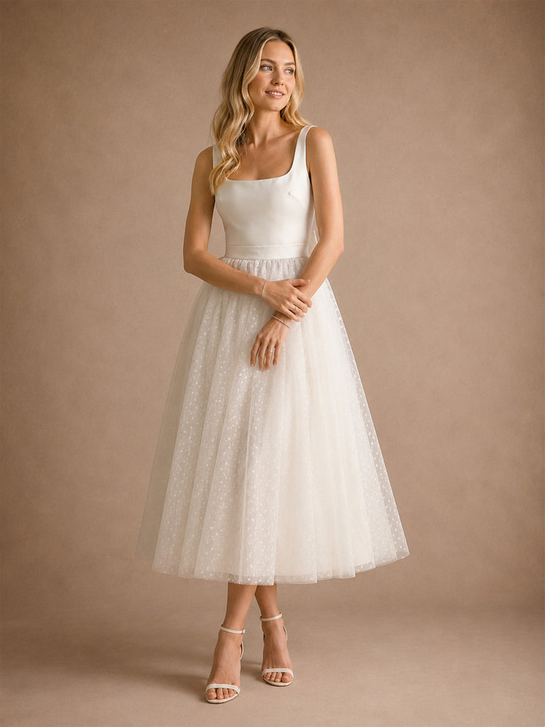 ChicSew Fancy Square Spaghetti Straps A-Line Crepe Tulle Tea-Length Wedding Dress