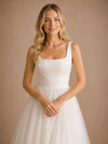 ChicSew Fancy Square Spaghetti Straps A-Line Crepe Tulle Tea-Length Wedding Dress