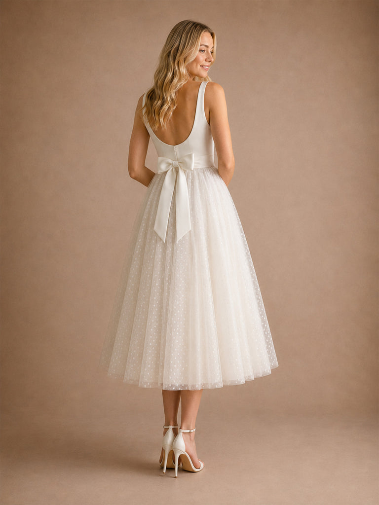 ChicSew Fancy Square Spaghetti Straps A-Line Crepe Tulle Tea-Length Wedding Dress