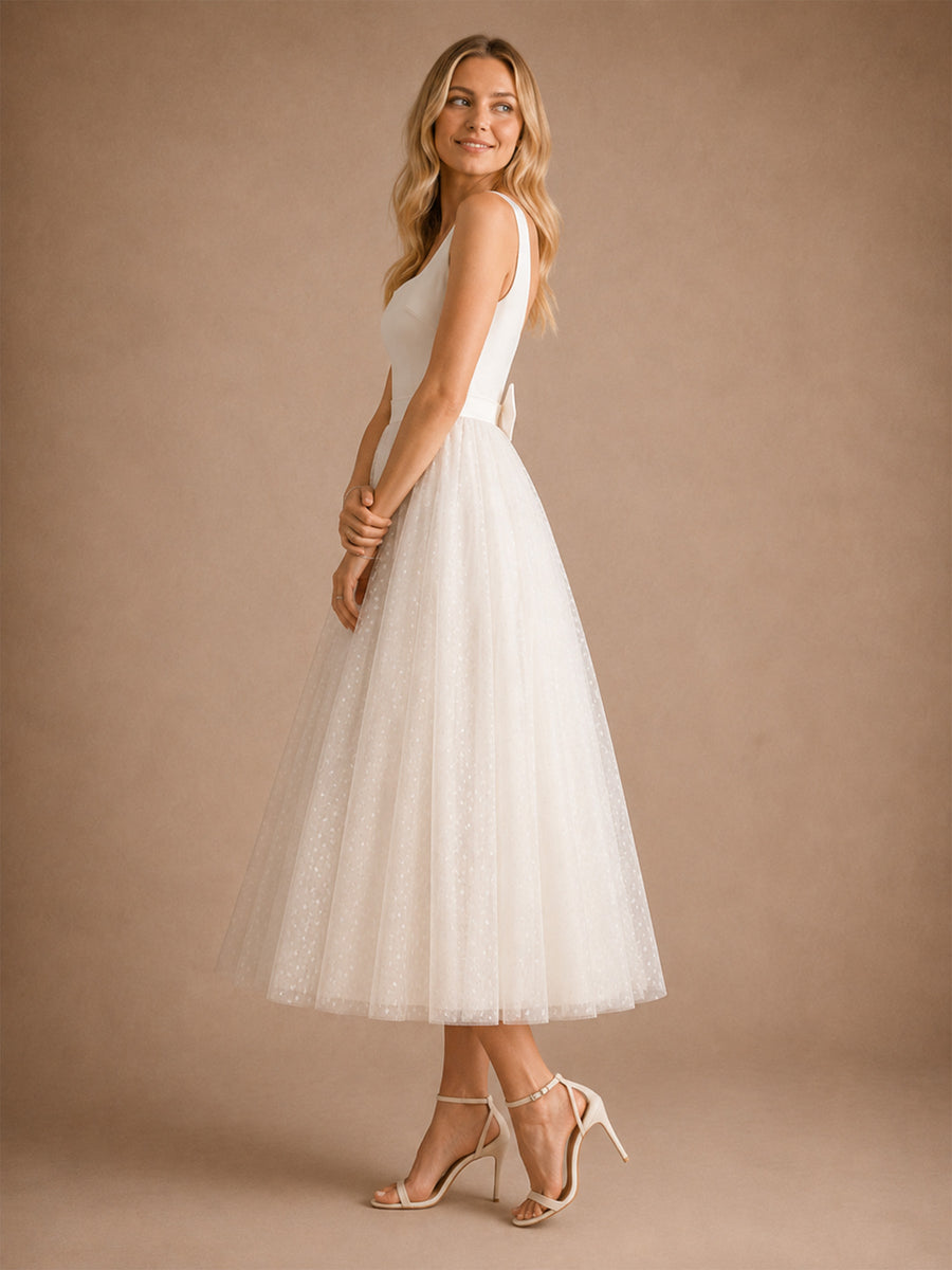 ChicSew Fancy Square Spaghetti Straps A-Line Crepe Tulle Tea-Length Wedding Dress