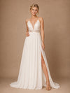 ChicSew Romantic Spaghetti Straps A-Line Side Slit Lace Chiffon Floor-Length Wedding Dresses