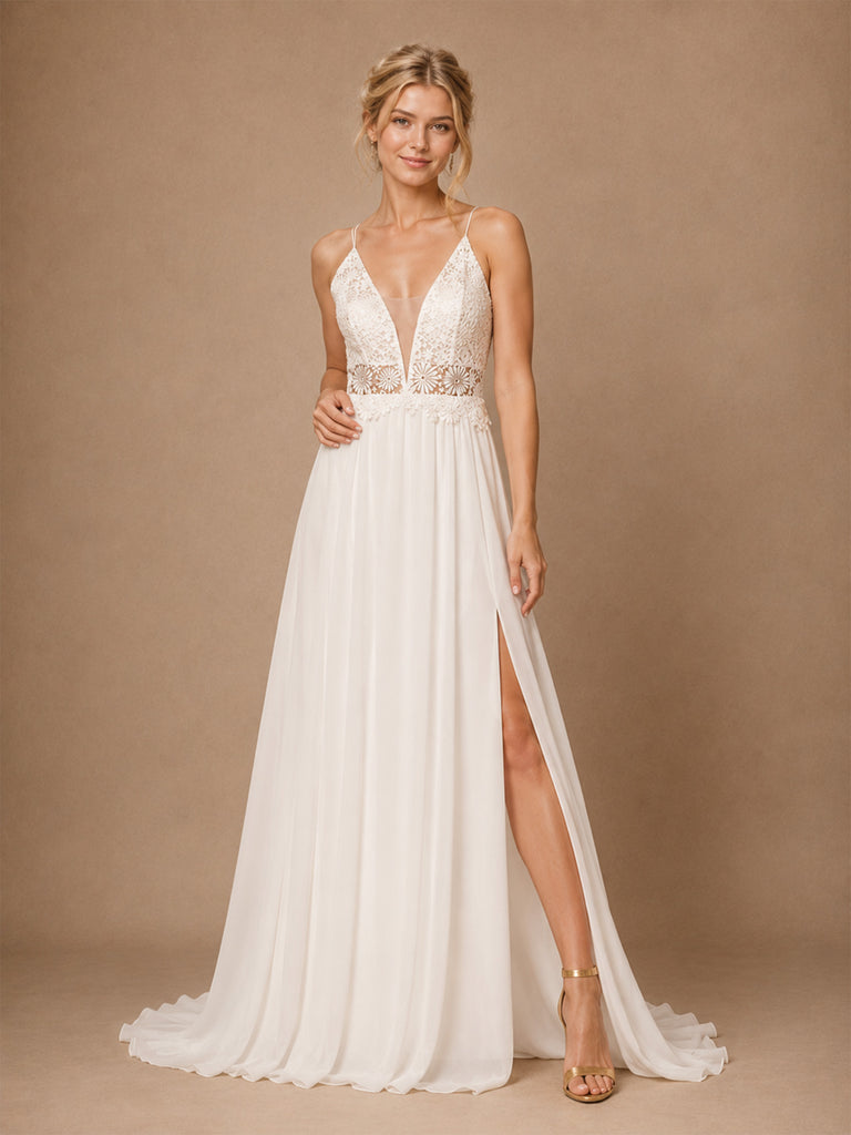 ChicSew Romantic Spaghetti Straps A-Line Side Slit Lace Chiffon Floor-Length Wedding Dresses
