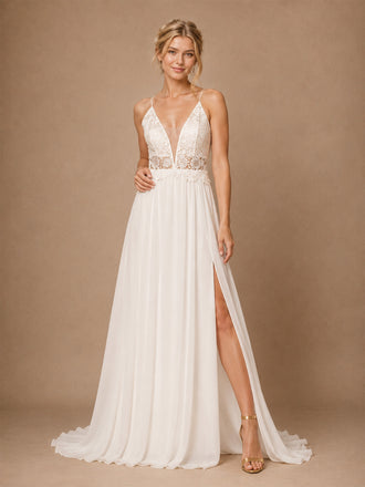 ChicSew Romantic Spaghetti Straps A-Line Side Slit Lace Chiffon Floor-Length Wedding Dresses