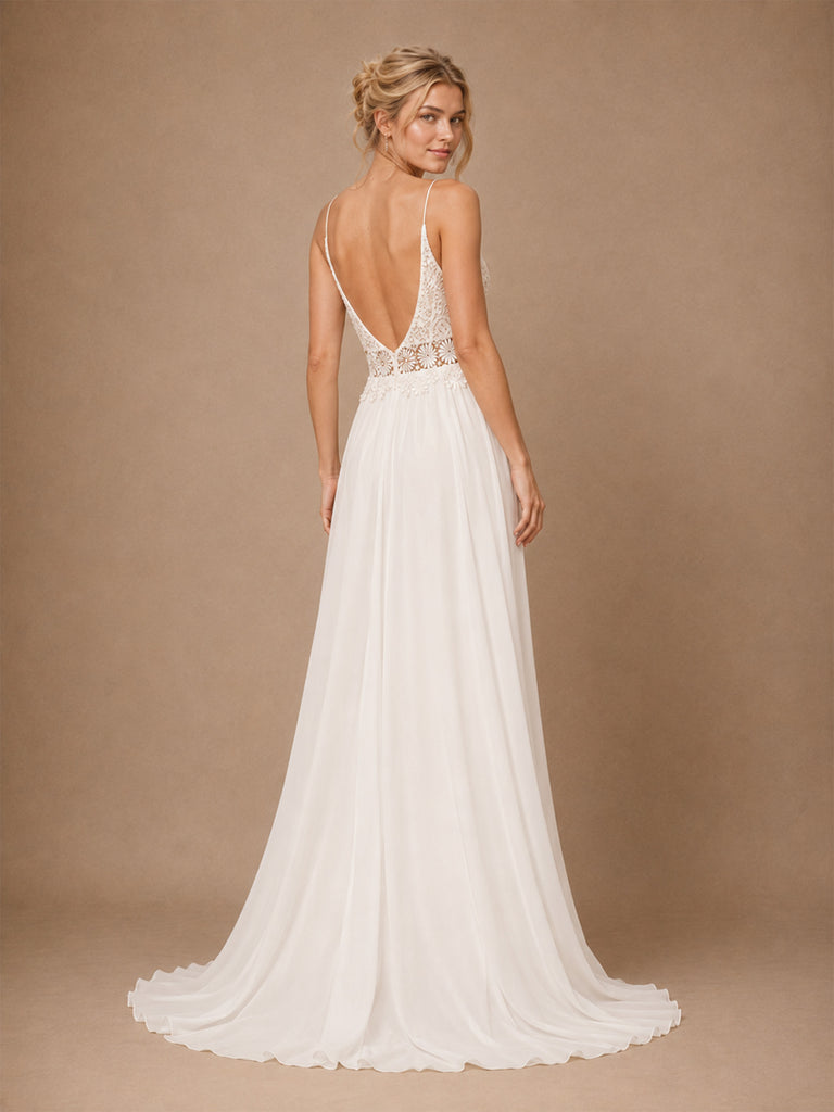 ChicSew Romantic Spaghetti Straps A-Line Side Slit Lace Chiffon Floor-Length Wedding Dresses