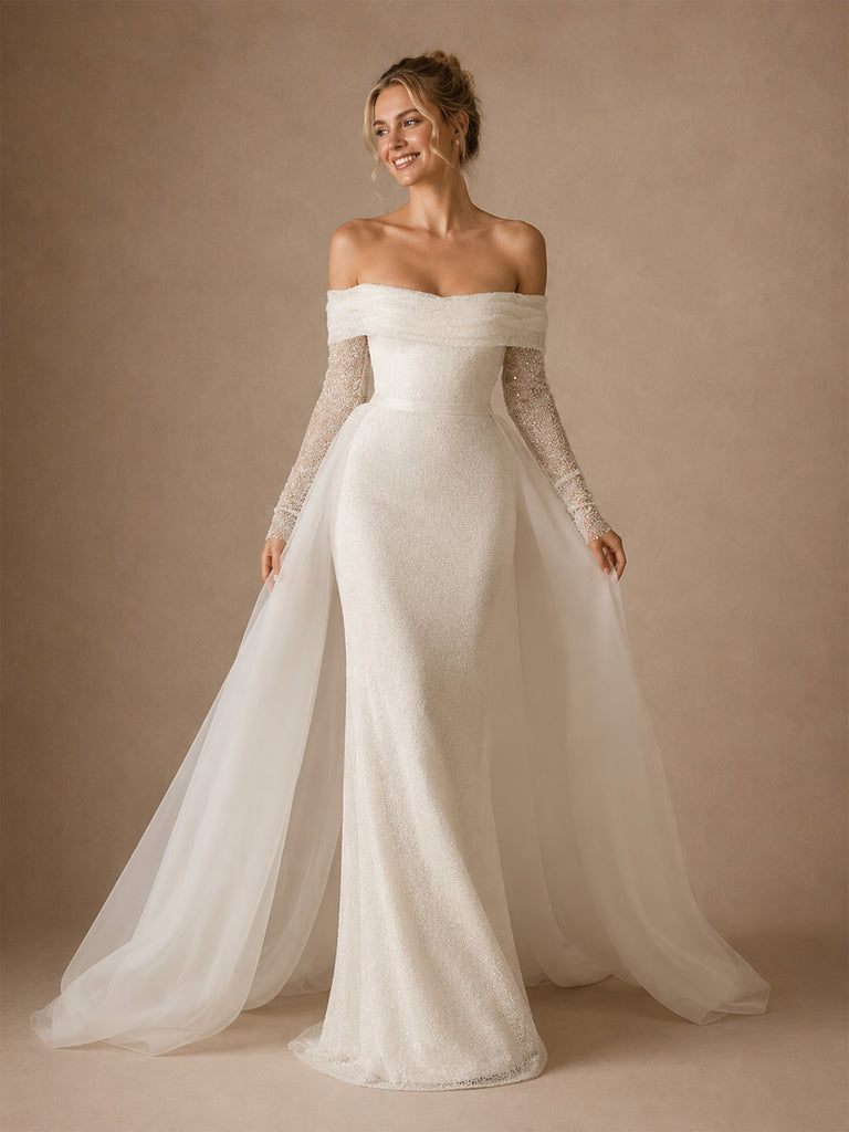 ChicSew Romantic Off The Shoulder Sleeveless Mermaid Long Wedding Dresses With Overskirt