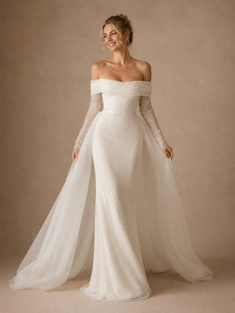 ChicSew Romantic Off The Shoulder 3/4 Sleeves Mermaid Long Wedding Dresses With Overskirt
