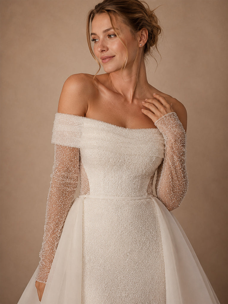 ChicSew Romantic Off The Shoulder Sleeveless Mermaid Long Wedding Dresses With Overskirt