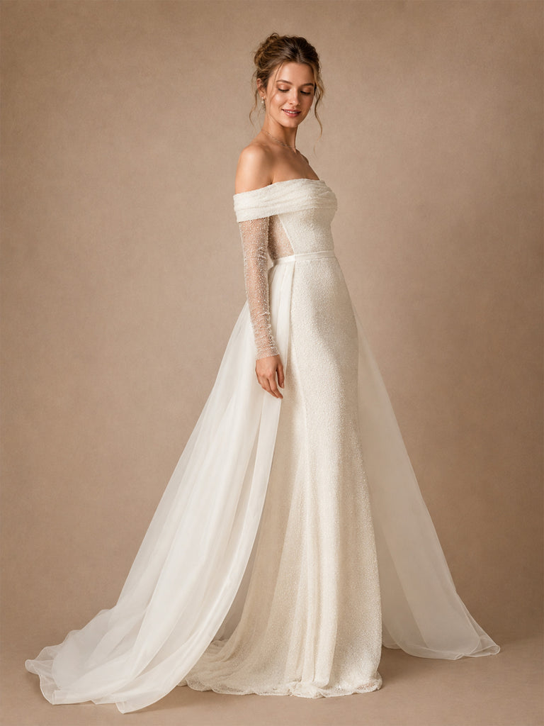 ChicSew Romantic Off The Shoulder Sleeveless Mermaid Long Wedding Dresses With Overskirt