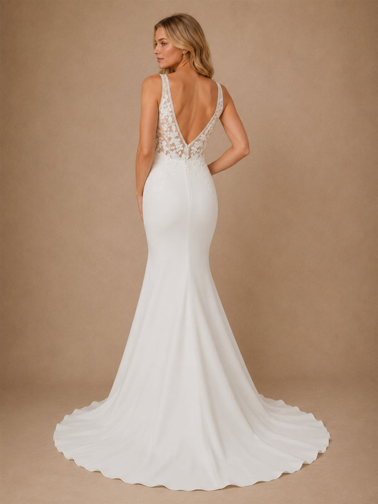 ChicSew Fancy V-Neck Spaghetti Straps Lace Crepe Mermaid Long Wedding Dresses