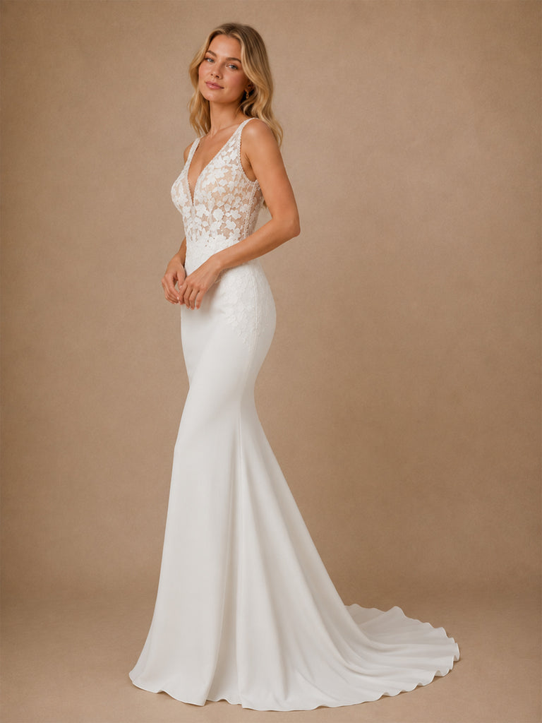 ChicSew Fancy V-Neck Spaghetti Straps Lace Crepe Mermaid Long Wedding Dresses