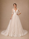 ChicSew Elegant Half Sleeves V-Neck A-Line Lace Appliques Tulle Long Wedding Dress