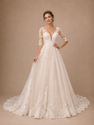 ChicSew Elegant Half Sleeves V-Neck A-Line Lace Appliques Tulle Long Wedding Dress
