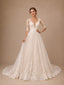 ChicSew Elegant Half Sleeves V-Neck A-Line Lace Appliques Tulle Long Wedding Dress