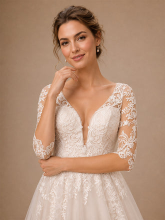 ChicSew Elegant Half Sleeves V-Neck A-Line Lace Appliques Tulle Long Wedding Dress