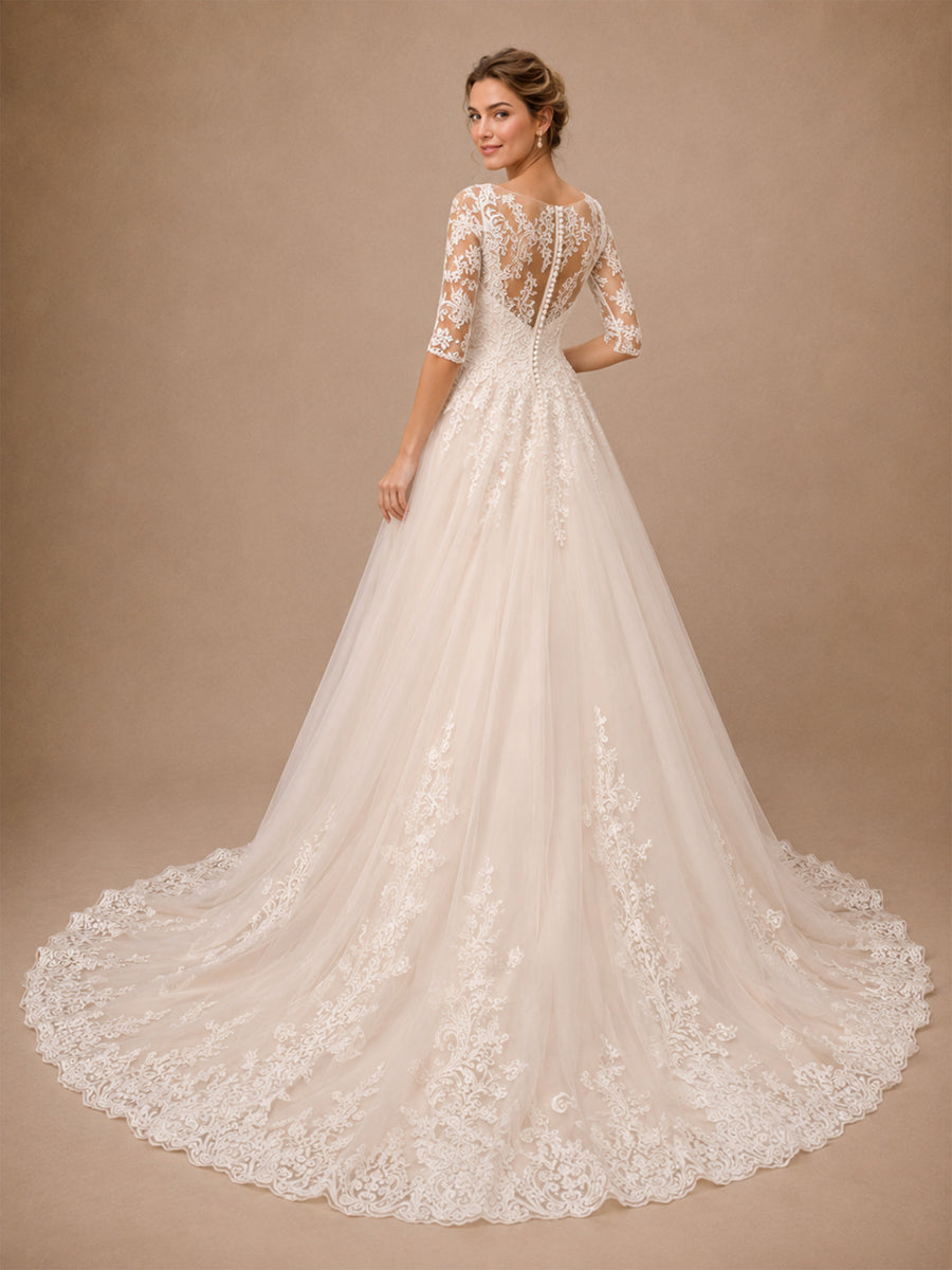 ChicSew Elegant Half Sleeves V-Neck A-Line Lace Appliques Tulle Long Wedding Dress