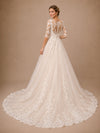 ChicSew Elegant Half Sleeves V-Neck A-Line Lace Appliques Tulle Long Wedding Dress