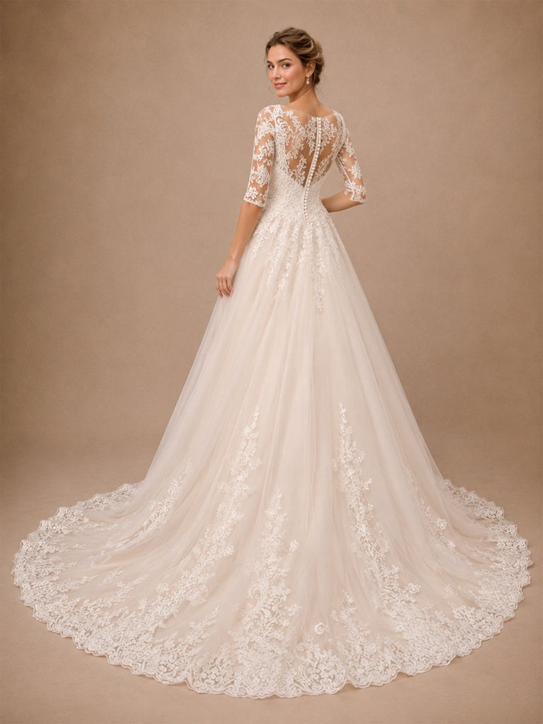 ChicSew Elegant Half Sleeves V-Neck A-Line Lace Appliques Tulle Long Wedding Dress