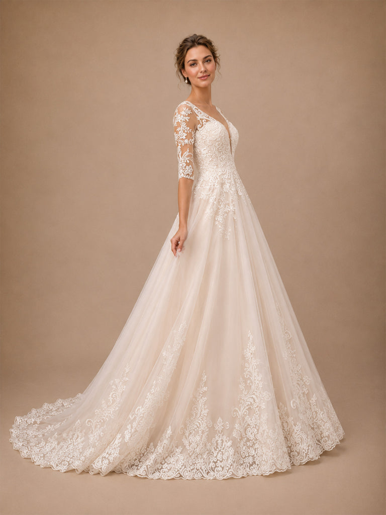 ChicSew Elegant Half Sleeves V-Neck A-Line Lace Appliques Tulle Long Wedding Dress