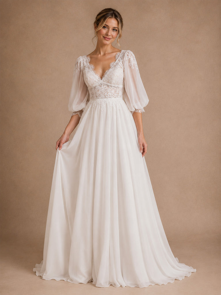 ChicSew Beautiful V-Neck Half Sleeves A-Line Lace Chiffon Long Wedding Dress