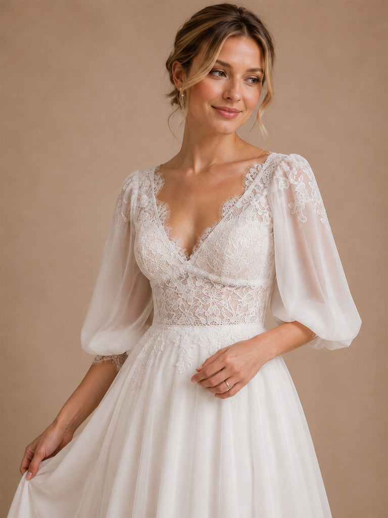 ChicSew Beautiful V-Neck Half Sleeves A-Line Lace Chiffon Long Wedding Dress