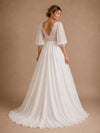 ChicSew Beautiful V-Neck Half Sleeves A-Line Lace Chiffon Long Wedding Dress