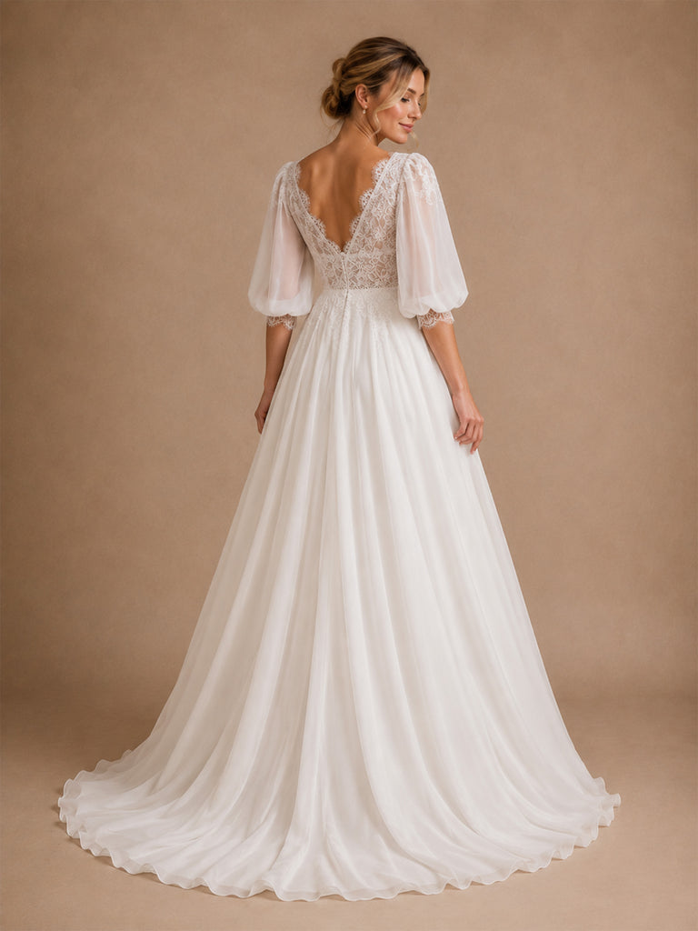 ChicSew Beautiful V-Neck Half Sleeves A-Line Lace Chiffon Long Wedding Dress