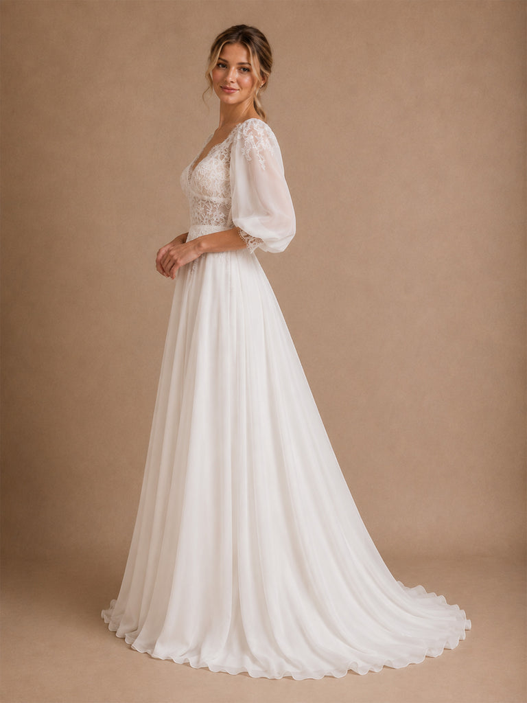 ChicSew Beautiful V-Neck Half Sleeves A-Line Lace Chiffon Long Wedding Dress