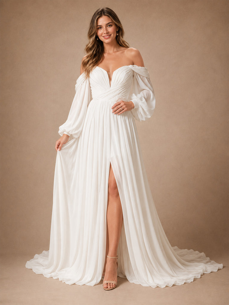 ChicSew Elegant Pleats Chiffon 3/4 Sleeves A-Line Side Slit Maxi Wedding Dresses