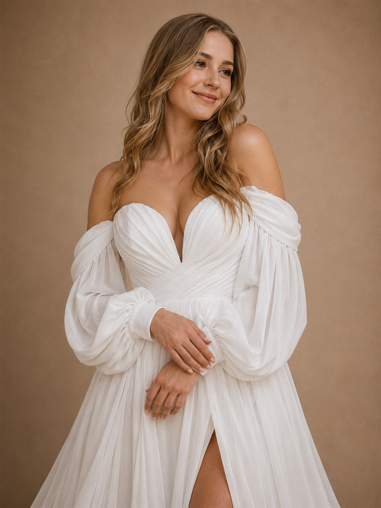 ChicSew Elegant Pleats Chiffon 3/4 Sleeves A-Line Side Slit Maxi Wedding Dresses