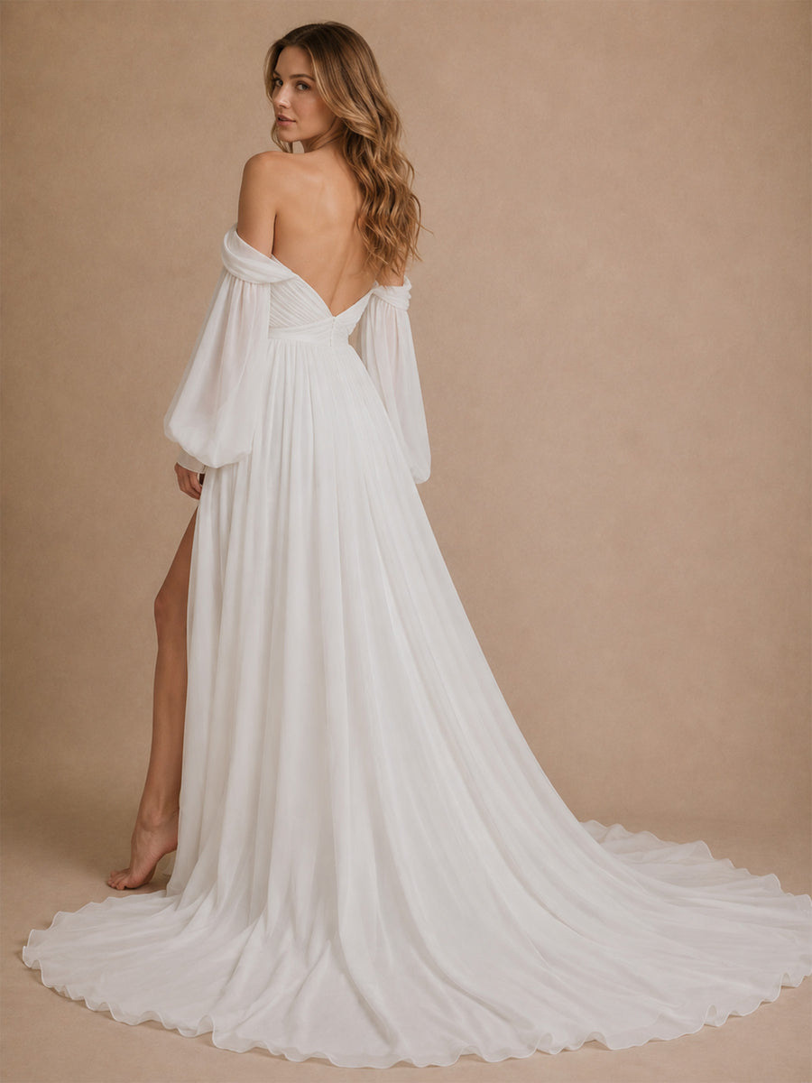 ChicSew Elegant Pleats Chiffon 3/4 Sleeves A-Line Side Slit Maxi Wedding Dresses
