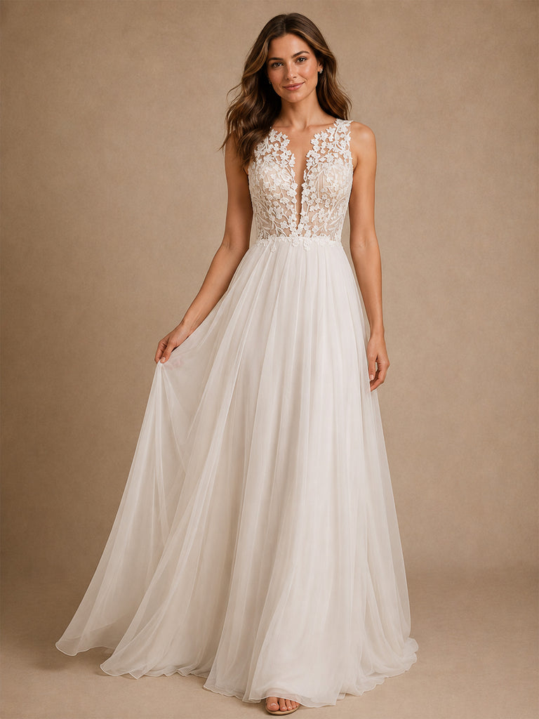 ChicSew Beautiful Illusion Sleeveless A-Line Lace Tulle Floor-Length Wedding Dress