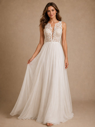 ChicSew Beautiful Illusion Sleeveless A-Line Lace Tulle Floor-Length Wedding Dress