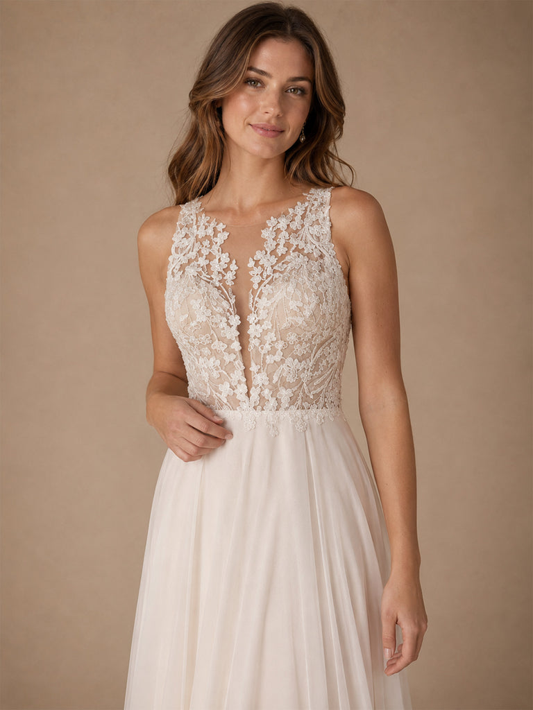 ChicSew Beautiful Illusion Sleeveless A-Line Lace Tulle Floor-Length Wedding Dress