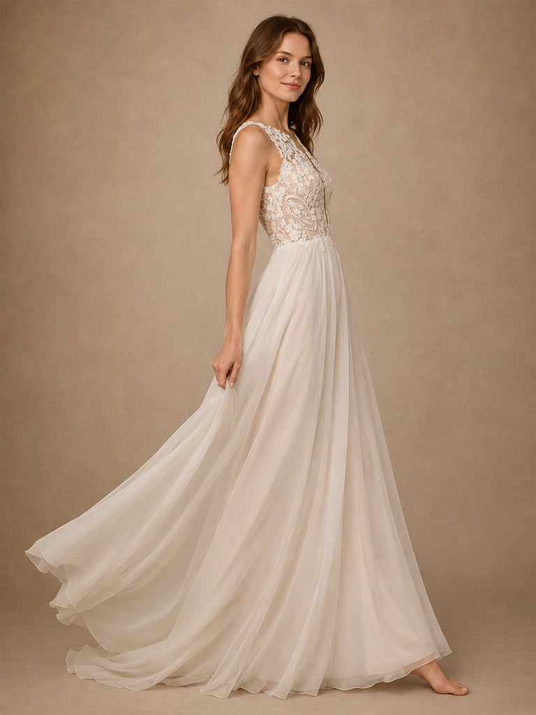 ChicSew Beautiful Illusion Sleeveless A-Line Lace Tulle Floor-Length Wedding Dress