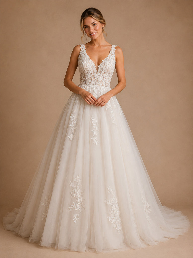 ChicSew Beautiful V-Neck Lace Appliques Tulle Open Back A-Line Long Wedding Dresses