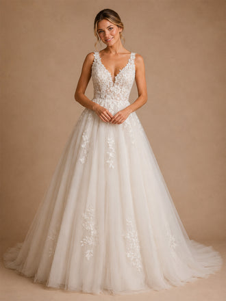 ChicSew Beautiful V-Neck Lace Appliques Tulle Open Back A-Line Long Wedding Dresses