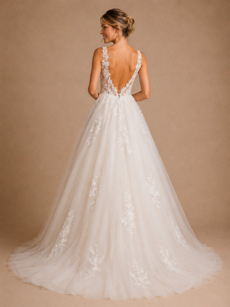 ChicSew Beautiful V-Neck Lace Appliques Tulle Open Back A-Line Long Wedding Dresses