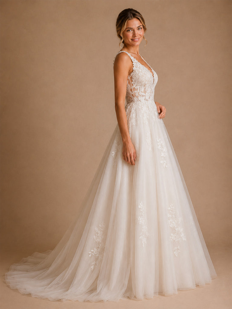 ChicSew Beautiful V-Neck Lace Appliques Tulle Open Back A-Line Long Wedding Dresses