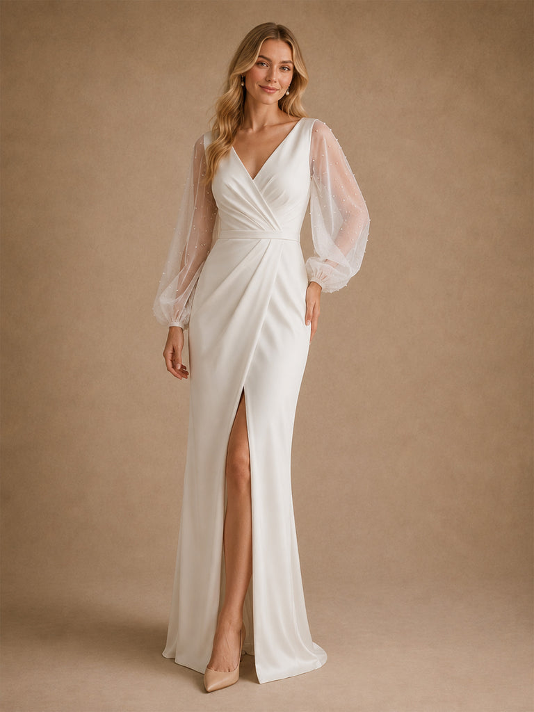 ChicSew Fancy Crepe Mermaid Long Sleeves With Beading Slit Long Wedding Dresses