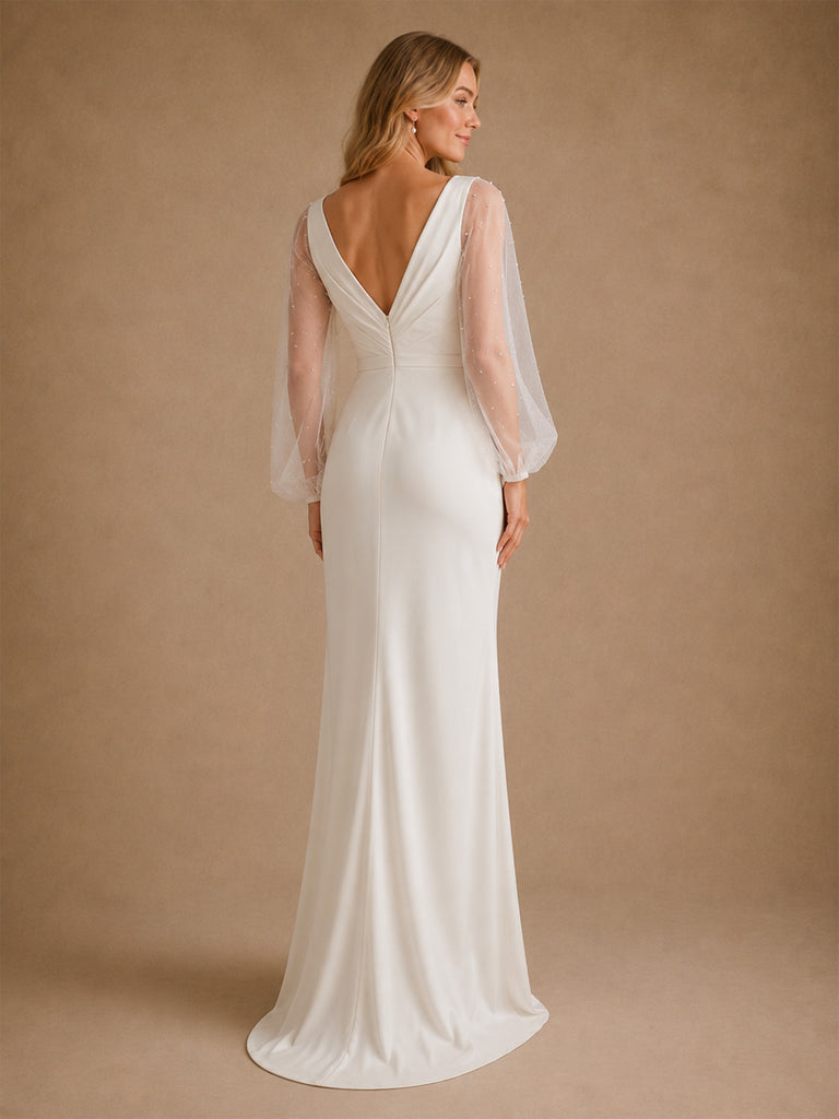 ChicSew Fancy Crepe Mermaid Long Sleeves With Beading Slit Long Wedding Dresses