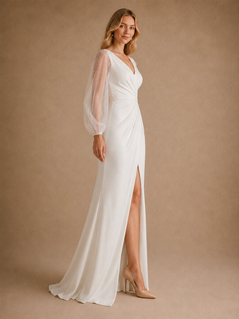 ChicSew Fancy Crepe Mermaid Long Sleeves With Beading Slit Long Wedding Dresses
