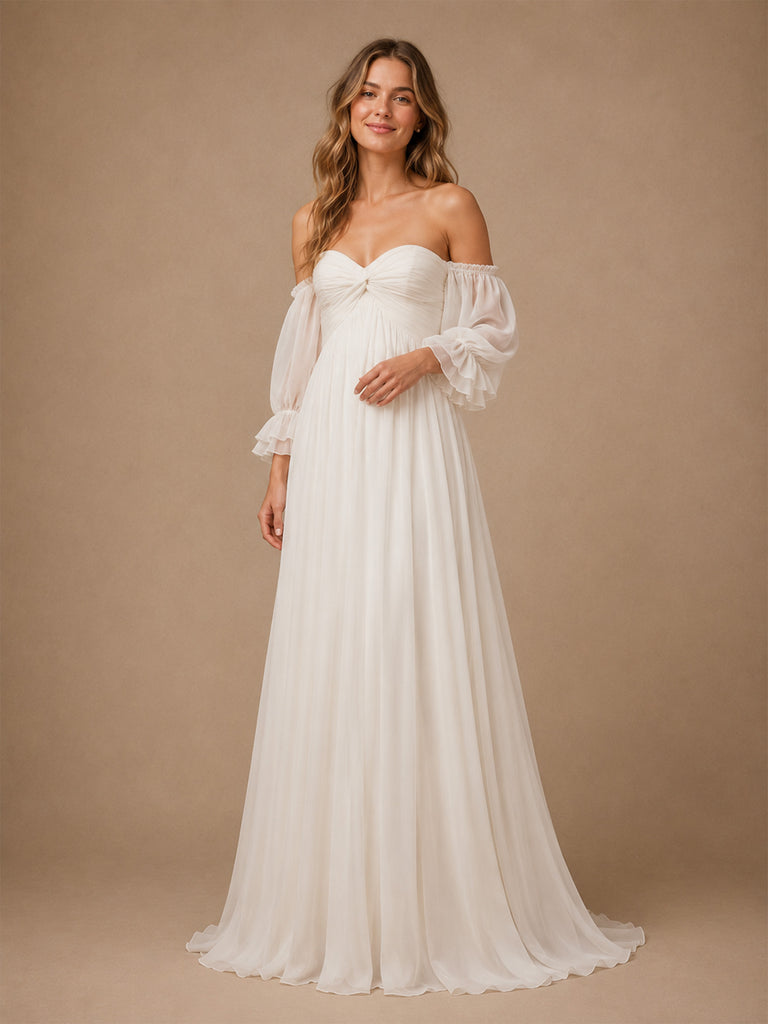 ChicSew Elegant Strapless Pleats Chiffon 3/4 Sleeves A-Line Floor-Length Wedding Dresses