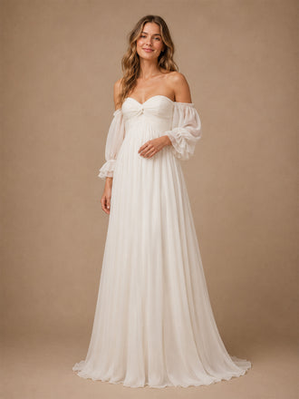 ChicSew Elegant Strapless Pleats Chiffon 3/4 Sleeves A-Line Floor-Length Wedding Dresses