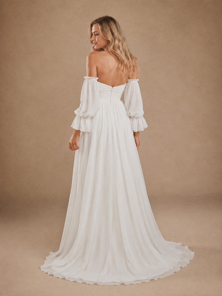 ChicSew Elegant Strapless Pleats Chiffon 3/4 Sleeves A-Line Floor-Length Wedding Dresses