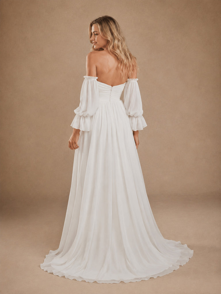 ChicSew Elegant Strapless Pleats Chiffon 3/4 Sleeves A-Line Floor-Length Wedding Dresses