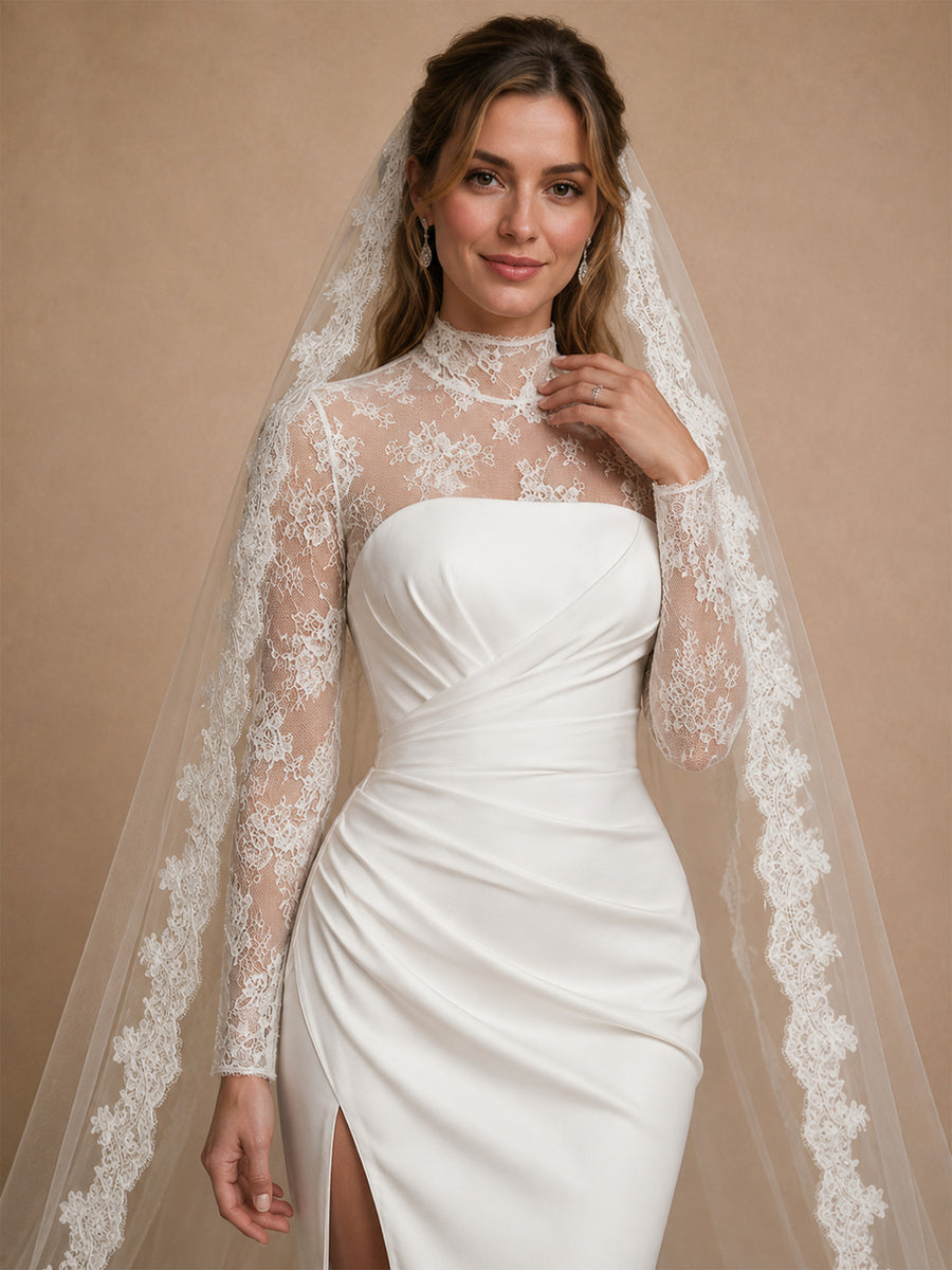ChicSew Unique High Neck Long Sleeves Satin Lace Mermaid Side Slit Long Wedding Dress