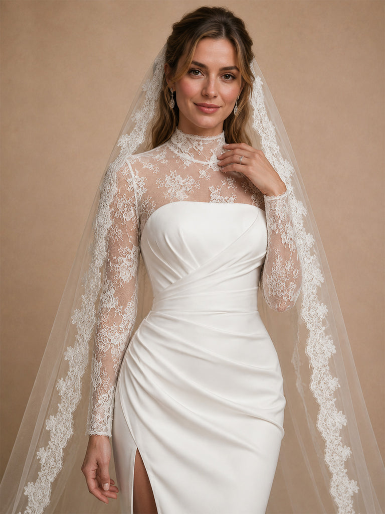 ChicSew Unique High Neck Long Sleeves Satin Lace Mermaid Side Slit Long Wedding Dress