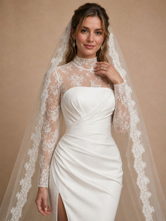 ChicSew Unique High Neck Long Sleeves Satin Lace Mermaid Side Slit Long Wedding Dress